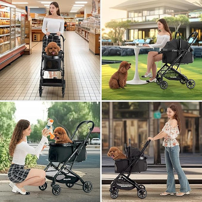 Kenyone 3-in-1 Pet Stroller for Small Medium Dogs Puppy Cat Stroller with Detachable Carrier &amp; Pad Lightweight Foldable Aluminum Alloy Frame Dual No-Zip Entry(Black)