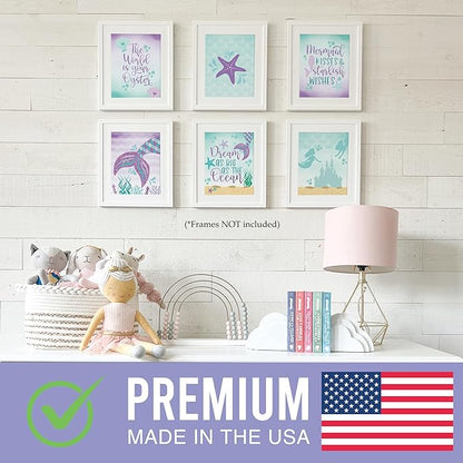 Hadley Designs 6 Mermaid Wall Decor – Reversible Magical Mermaid Wall Art for Nursery &amp; Bathroom, Under the Sea Unframed Ocean-Themed Room Decor Prints for Girls&