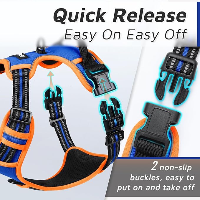 Eagloo Dog Harness for Large Dogs, No Pull Service Vest with Reflective Strips and Control Handle, Adjustable and Comfortable for Walking, No Choke Pet Harness with 2 Metal Rings, Blue &amp; Orange, L