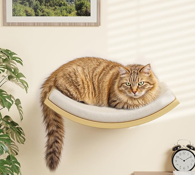 Wood Cat Wall Shelf with Soft Foam Cushion, Curved Cats Wall Bed for Large Cats, Floating Cat Perch for Sleeping &amp; Climbing