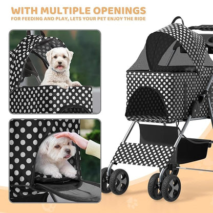 Magshion Foldable Pet Stroller, 3-in-1 Dog Travel Jogger with Detachable Carrier, Cup Holder, Storage Basket, Folding Carrier for Small/Medium Dogs &amp; Cats Up to 33 lbs, Black Polka Dots