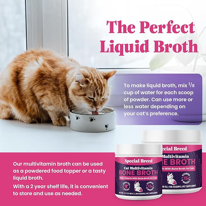 Cat Multivitamin with Grass-Fed Beef Bone Broth – Daily Supplement for Immune, Joint, Skin, Coat &amp; Gut Health – Omega 3s, Lysine, Beta Glucan, Vitamins A-E, C, D – 180 Day Supply – No Fillers