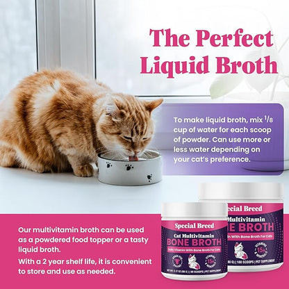 Cat Multivitamin with Grass-Fed Beef Bone Broth – Daily Supplement for Immune, Joint, Skin, Coat &amp; Gut Health – Omega 3s, Lysine, Beta Glucan, Vitamins A-E, C, D – 180 Day Supply – No Fillers