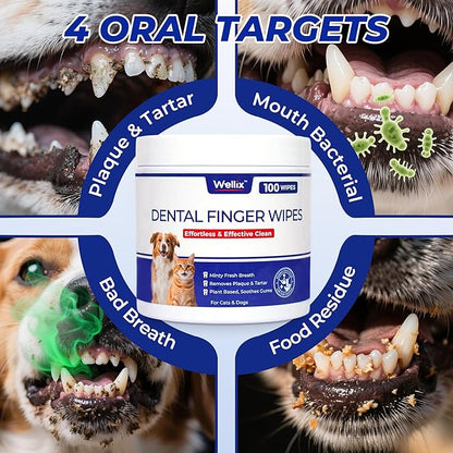 Wellix 100 Count Dog Teeth Cleaning Wipes for Dogs &amp; Cats - Natural Formula Dental Care Finger Wipes Reduces Dog Plaque, Tartar &amp; Bad Breath - No-Rinse Disposable Dog Dental Wipes
