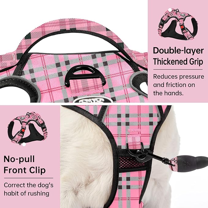 IVY&amp;LANE No Pull Dog Harness with Leash Set, Reflective No Choke Pet Vest,Adjustable Oxford Dog Vest Harness with Easy Control Handle for Large Dogs (Checkered Pink,XL)