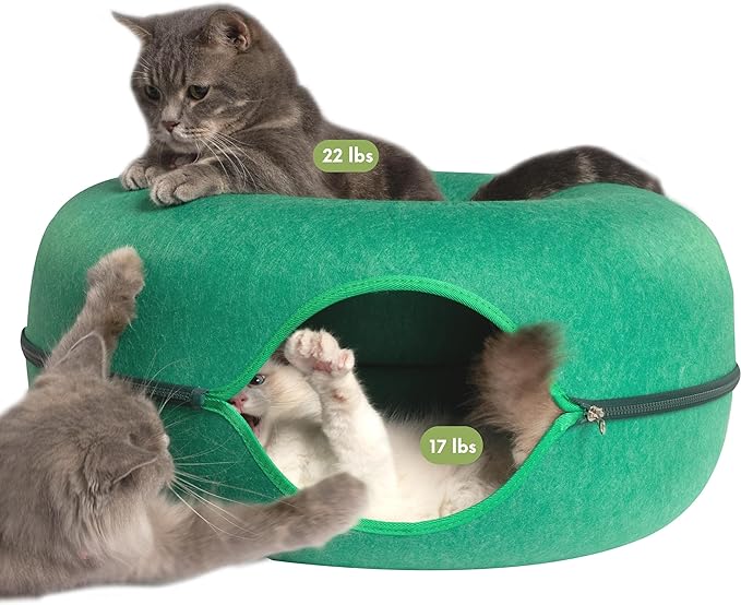 CATTASAURUS Peekaboo Cat Cave for Multiple &amp; Large Cats Up to 30-45 Lbs, Scratch Detachable &amp; Washable Tunnel Bed, Comfy Donut Cat Cave (Forest Green, Large)