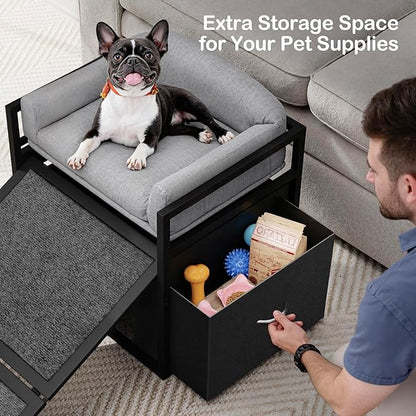 Pet Stairs Ramp Doggie Stairs with Seat &amp; Storage Drawers,Extra Wide Seat Mate Chair Puppy for High Bed Couch Office,Non Slip Dachshunds,Step for Small Dogs,Cat Ladder Grey(Hold Up to 100 lbs)