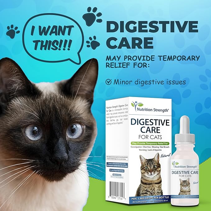 Digestive Care for Cats, Natural Constipation Relief for Cats and Kittens &amp; Support for Diarrhea, Bloating, Bad Breath, Vomiting, Lack of Appetite, 60 Milliliters