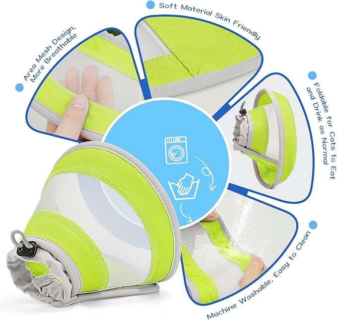 Breathable Air Mesh Cat Cone Collar Soft to Stop Licking, Adjustable, Foldable Lightweight Kitten Cones After Surgery Recovery for Cats &amp; Kittens (Yellow Green,M)