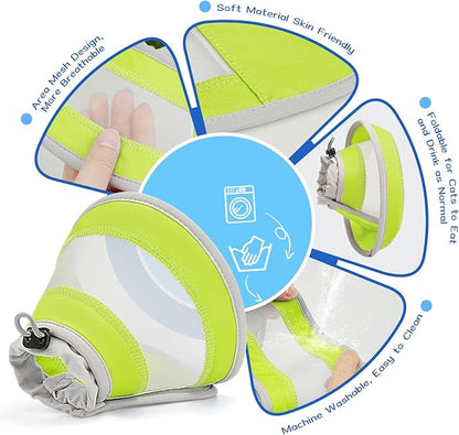 Breathable Air Mesh Cat Cone Collar Soft to Stop Licking, Adjustable, Foldable Lightweight Kitten Cones After Surgery Recovery for Cats &amp; Kittens (Yellow Green,M)