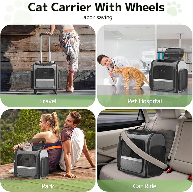 Rolling Cat Carrier with Wheels: Dog Carrier for Small Dogs &amp; Large Cats, Expandable Pet Carrier on Wheels with Cat Play Tunnel, Large Capacity, Breathable Mesh, Side Pocket, Grey