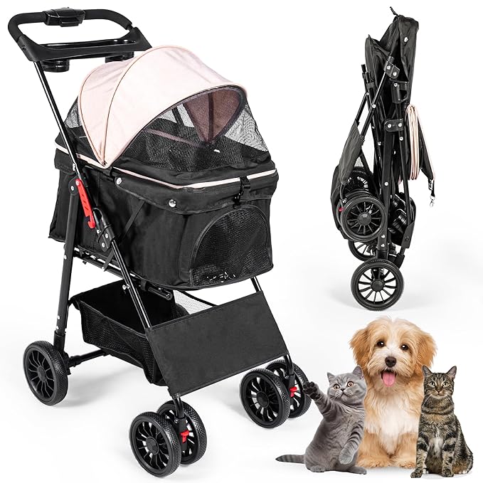 Pet Stroller with 4 Rolling Casters for Pets – Lightweight Multifunctional Travel Stroller with Mesh Windows, Cup Holder, Sun Shades &amp; Storage Pocket for Puppy and Kitty