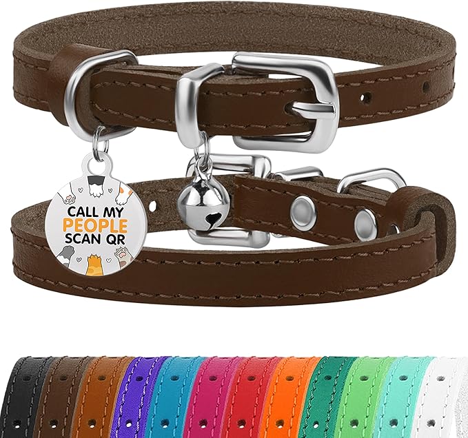BRONZEDOG Leather Cat Collar with Removable Bells Non Breakaway Kitten QR Tag for Girl Boy (9" - 12" Cats/Mini Dogs, Brown &amp; Silver)
