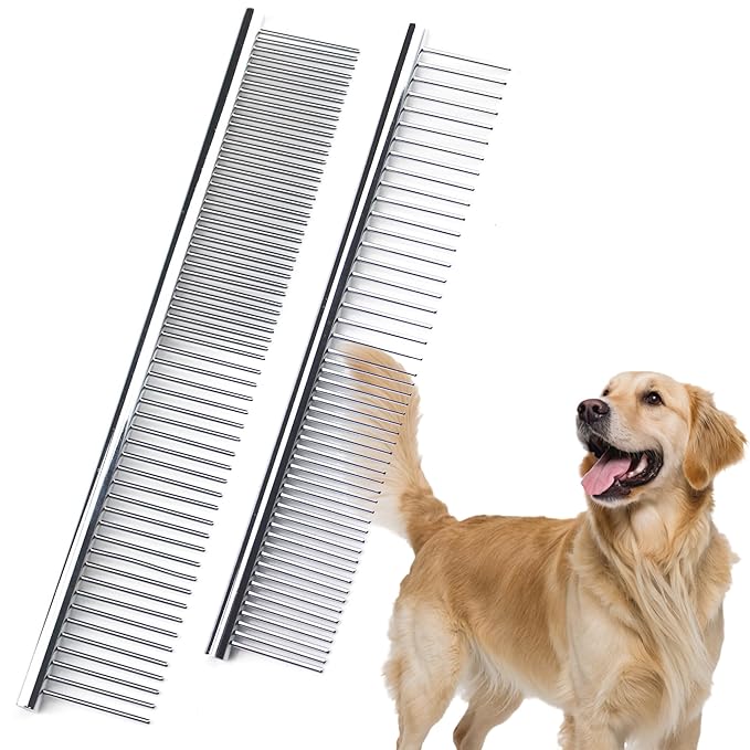 Dog Comb to Remove Tangles and Knots, Cat Comb with Stainless Steel Teeth and Non-Slip Handle, Dog combs for grooming matting for Long Haired Pets (Large &amp; Small)