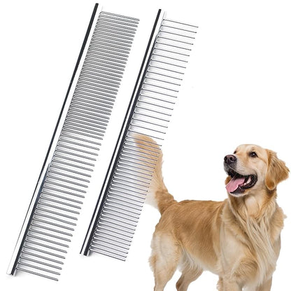 Dog Comb to Remove Tangles and Knots, Cat Comb with Stainless Steel Teeth and Non-Slip Handle, Dog combs for grooming matting for Long Haired Pets (Large &amp; Small)