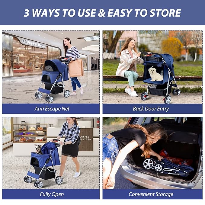 4 Wheels Pet Stroller for Small Medium Dogs Cats 10-33 lbs, Foldable Dog and Cat Stroller with Cup Holder &amp; Storage Basket &amp; Breathable Mesh, Pet Strolling Cart for All-Season, Navy Blue