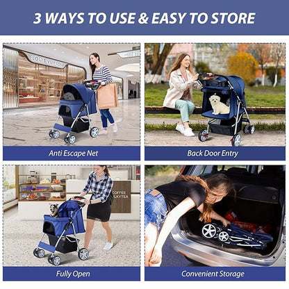 4 Wheels Pet Stroller for Small Medium Dogs Cats 10-33 lbs, Foldable Dog and Cat Stroller with Cup Holder &amp; Storage Basket &amp; Breathable Mesh, Pet Strolling Cart for All-Season, Navy Blue