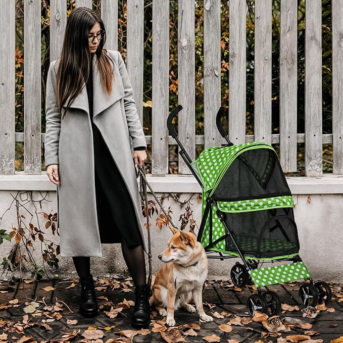 MoNiBloom 4 Wheels Pet Stroller, Easy-Fold Umbrella Shaped Dog Cat Jogger Stroller w/Storage Bag &amp; Visible Mesh for Small/Medium Dogs Cats Lawn Green Polka Dots
