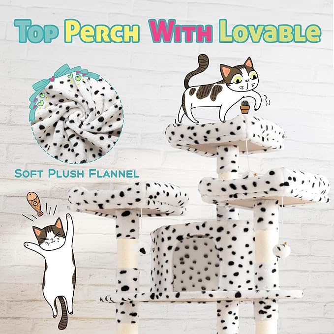 SHA CERLIN 73in Fan-Shaped Corner Cat Tower for Save Space/Multi-Level Tall Tree for Indoor Kitties/Condo with Baskets/Cozy Perches/Sisal Scratching Posts/Pet Activity House/White &amp; Black Spot