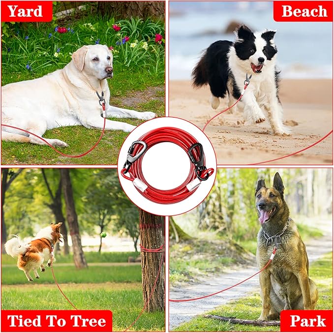 Red Chew Proof 30FT Dog Tie Out Cable, Heavy Duty Dog Lead for Yard &amp; Camping