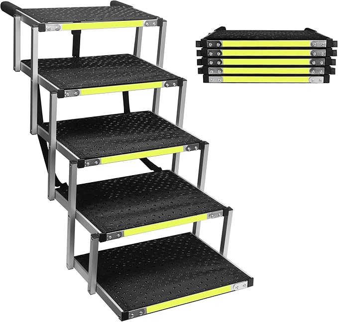 Sturdy 5-Step Aluminum Frame Dog Stair with 1680D PVC Fabric - Non-Slip, Lightweight &amp; Portable - Ideal for Car, SUV, Truck Access - Black (98x67x43cm)