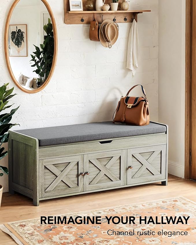 Amada Shoe Bench, Entryway Bench with Cushioned Seat &amp; Lift Top Storage, 3 Doors, Adjustable Shelf, 300 lbs Capacity, Storage Bench with Shoe Rack for Entryway, Bedroom, Living Room, Gray