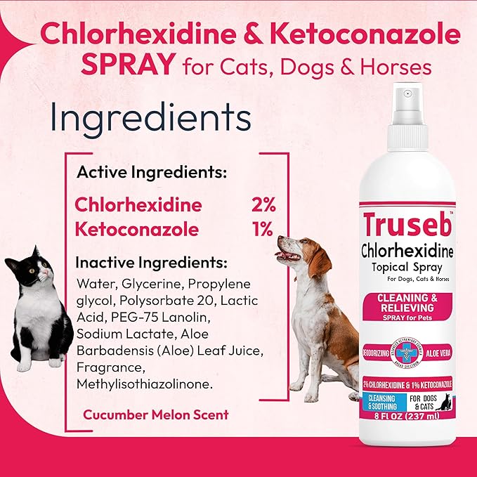 Truseb Topical Ketoconazole and Chlorhexidine Spray for Dogs, Cats, and Horses with Aloe - 8 oz (Ketoconazole &amp; Chlorhexidine Spray, 8 oz)