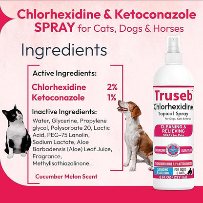 Truseb Topical Ketoconazole and Chlorhexidine Spray for Dogs, Cats, and Horses with Aloe - 8 oz (Ketoconazole &amp; Chlorhexidine Spray, 8 oz)