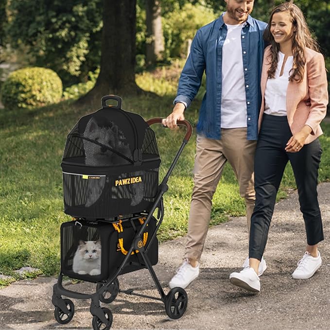 PAWZIDEA Double Pet Stroller with 2 Detachable Carriers, Portable Dog Crate for Car Travel &amp; TSA-Approved Expandable Cat Carrier, Foldable Lightweight Jogger Stroller for 2–4 Cats or Small/Medium Dogs