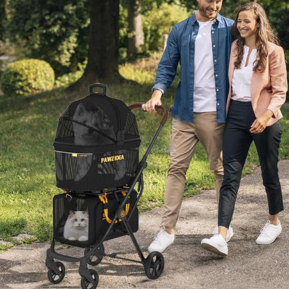 PAWZIDEA Double Pet Stroller with 2 Detachable Carriers, Portable Dog Crate for Car Travel &amp; TSA-Approved Expandable Cat Carrier, Foldable Lightweight Jogger Stroller for 2–4 Cats or Small/Medium Dogs