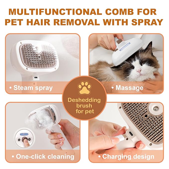 Cat Steam Brush, Dog Brush for Shedding, Pet Spray Hair Removal Comb, Pet Brush for Short &amp; Long Hair, USB Rechargeable Grooming Supplies, Spritz Defur Comb with Finger Wipe for Teeth (White)