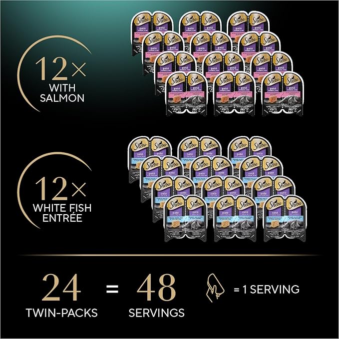Sheba Perfect Portions Wet Cat Food Pate with Sustainable Salmon and Tender Whitefish &amp; Tuna Entree Variety Pack, 2.6 oz. Twin-Pack Trays (12 Count, 24 Servings) (Pack of 2)