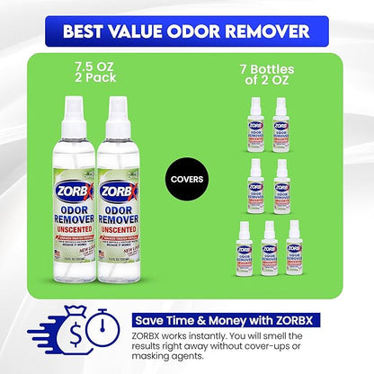 ZORBX Unscented Odor Eliminator for Strong Odor 7.5 Fl Oz Pack of 2 - Used in Hospitals &amp; Healthcare Facilities - Advanced Formula, Fast-Acting Odor Remover Spray for Dog, Cat, House &amp; Carpet