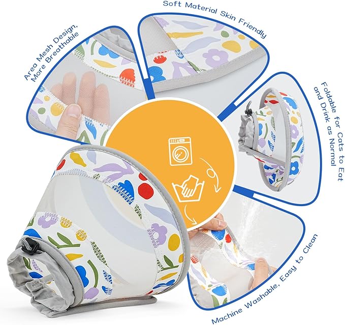 Breathable Air Mesh Cat Cone Collar Soft to Stop Licking, Adjustable, Foldable Lightweight Kitten Cones After Surgery Recovery for Cats &amp; Kittens (Flower,L)