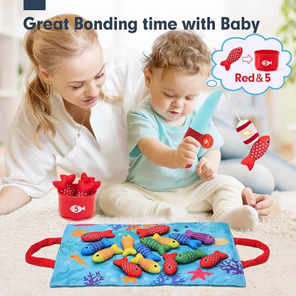 hahaland Montessori Toys for 1 Year Old - 10 in 1 Cloth Toddler Fishing Game with Stacking Cups, Baby Toy 12-18 Months One Year Old Boy Birthday Gift, Toddler Toys for 1 2 Year Old Boy Girl Gifts