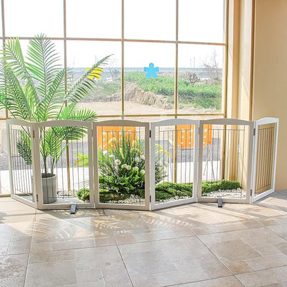 ZJSF Freestanding Dog Fence Indoor, Foldable Dog Gate for Doorways, Stairs or Hallways, Sturdy Wood Extra Wide Pet Gate with Support Feet for The House, White, 32 "Height-6 Panels