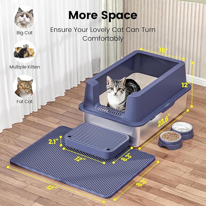 Stainless Steel Cat Litter Box - Enclosed XL Metal Kitty Litter Box with Lid for Big Cats, High Sided, Anti-Leakage, Easy Cleaning, Non-Sticky, Included Litter Mat, Cat Bowl &amp; Spoon