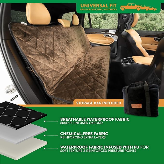 Plush Paws Products Velvet Rear Car Seat Protector w/Hammock | Washable &amp; Waterproof Back Seat Dog Cover for Car, Truck, &amp; SUV | Nonslip, Tear Resistant Pet Seat Cover | X-Large Chocolate