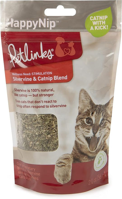 Petlinks HappyNip Catnip &amp; Silvervine Blend for Cats &amp; Kittens, Highly Potent Stimulant/Attractant, Great for Finicky Felines, Resealable Pouch - 2.0 oz
