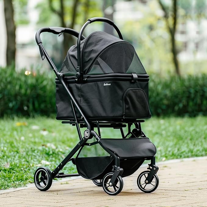 4 Wheels Pet Stroller, Dog Stroller for Small/Medium Dogs and Cats up to 33 lbs, One-Click Fold &amp; Draggable, Removable Carrier, Zipperless Entry, Mesh Windows, Black