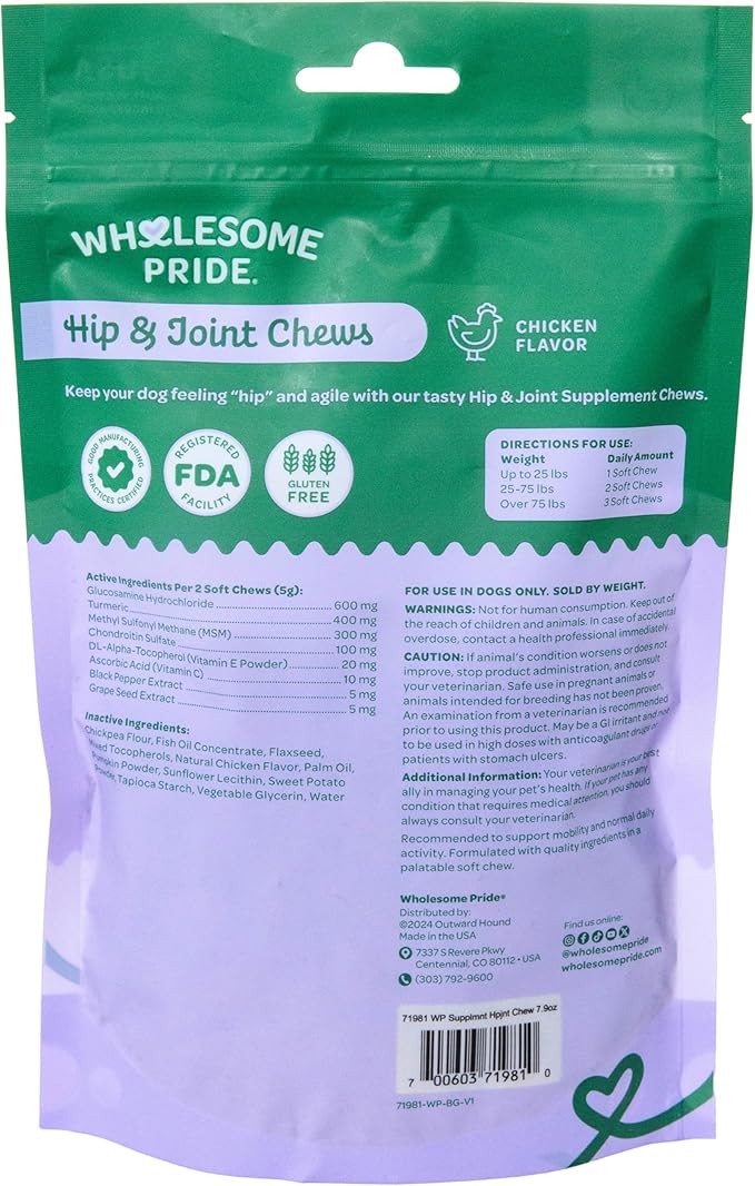 Wholesome Pride Hip &amp; Joint Supplement for Dogs – 90 Soft Chews – Glucosamine, Chondroitin, MSM &amp; Turmeric – Mobility Support &amp; Arthritis Relief for Growing, Adult &amp; Senior Dogs