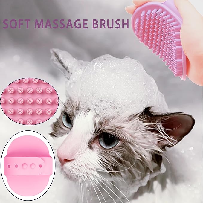 Cat Grooming Brush Kit 6 Tools - Deshedding &amp; Dematting for Long/Short Hair, Self-Cleaning Slicker Brush with 6-in-1 Flea Comb for Cats &amp; Kittens (Pink)