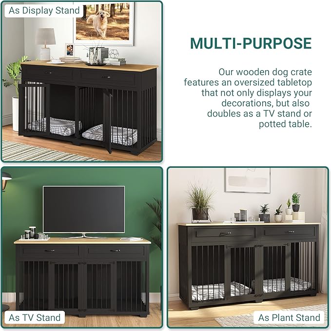 Large Dog Crate with Double Rooms, 72" Heavy Duty Wooden Dog Cage Furniutre Dog Crate Kennel w/Drawers &amp; Removable Divider,Indoor Luxury Dog House for Large Dogs,Black