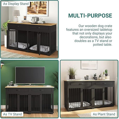 Large Dog Crate with Double Rooms, 72" Heavy Duty Wooden Dog Cage Furniutre Dog Crate Kennel w/Drawers &amp; Removable Divider,Indoor Luxury Dog House for Large Dogs,Black