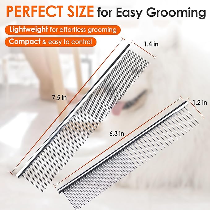 Dog Comb to Remove Tangles and Knots, Cat Comb with Stainless Steel Teeth and Non-Slip Handle, Dog combs for grooming matting for Long Haired Pets (Large &amp; Small)