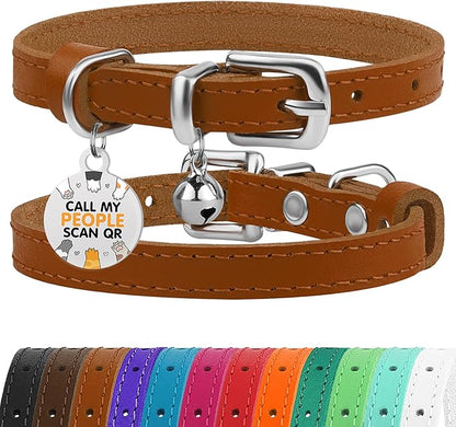 BRONZEDOG Leather Cat Collar with Removable Bells Non Breakaway Kitten QR Tag for Girl Boy (9" - 12" Cats/Mini Dogs, Light Brown &amp; Silver)