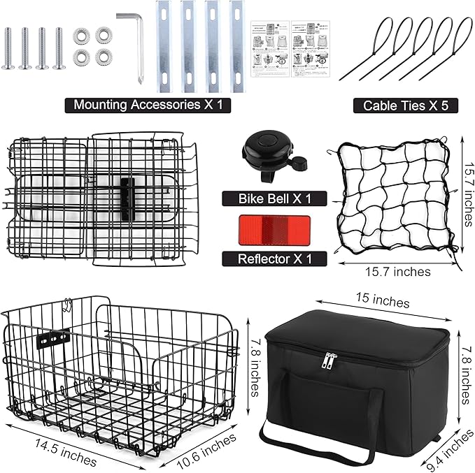 Aodaer Bike Basket with Removable Liner Bag Cargo Net Large Folding Bike Basket Quick Release Metal Ebike Basket Bicycle Storage Basket for Carrying Fruit &amp; Grocery Pets Dogs