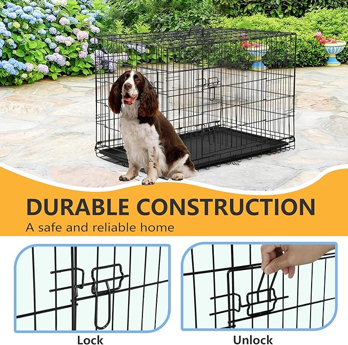 FDW Dog Crate Dog Kennel Cage with Double Door,36 inch Folding Metal Wire Dog Cage with Removable Tray&amp;Divider Panel,Pet Crate for Medium Dogs,Black