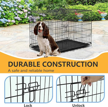 FDW Dog Crate Dog Kennel Cage with Double Door,36 inch Folding Metal Wire Dog Cage with Removable Tray&amp;Divider Panel,Pet Crate for Medium Dogs,Black