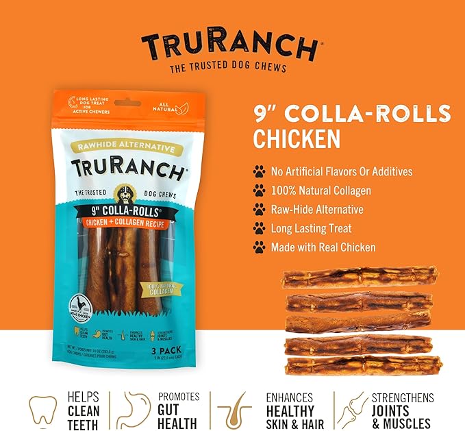 Collagen Rolls - 9" Collagen Rolls for Dogs - Long Lasting Healthy Joint Support - Rawhide Alternative - Skin &amp; Coat Health - Made with Real Chicken, Value Pack, 3 Bags, 9 Count